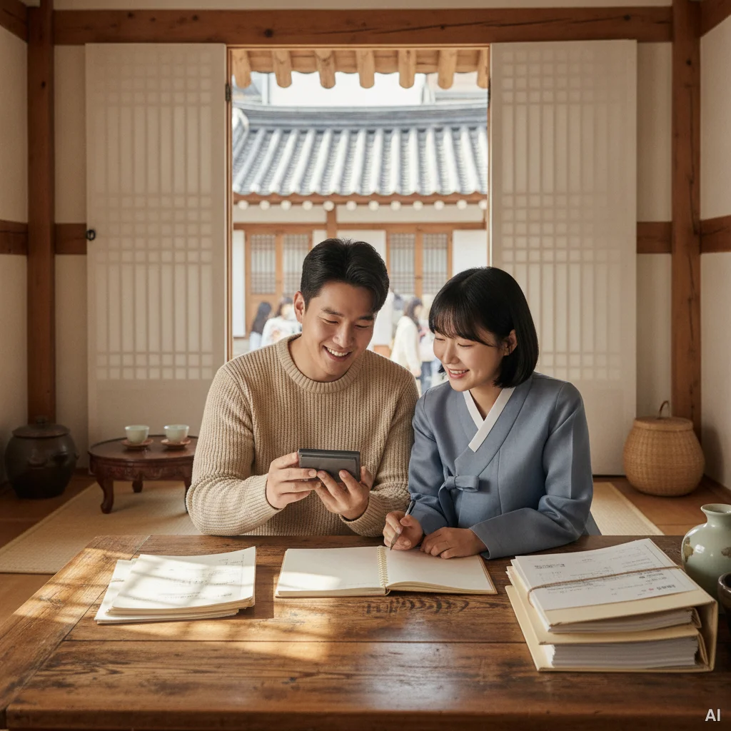 한복을 입은 남녀의 서류 검토 사진 5