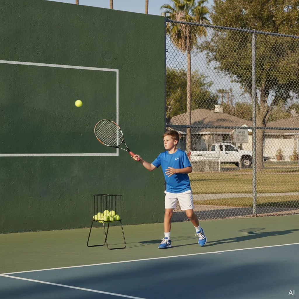 Young player practicing on tennis wall 사진 4