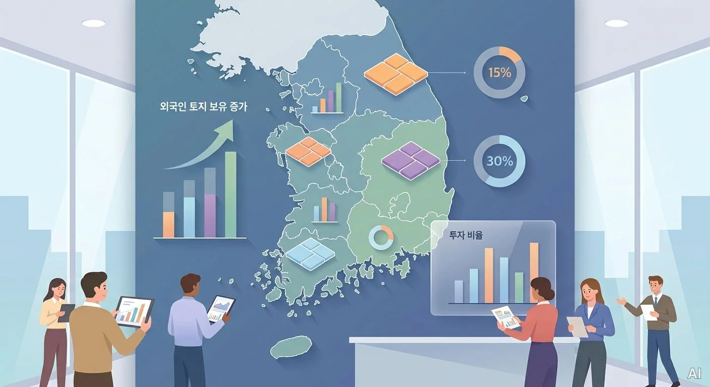 파란색 대형 스크린에 대한민국 지도와 함께 토지 보유 증가, 투자 비율  사진 2