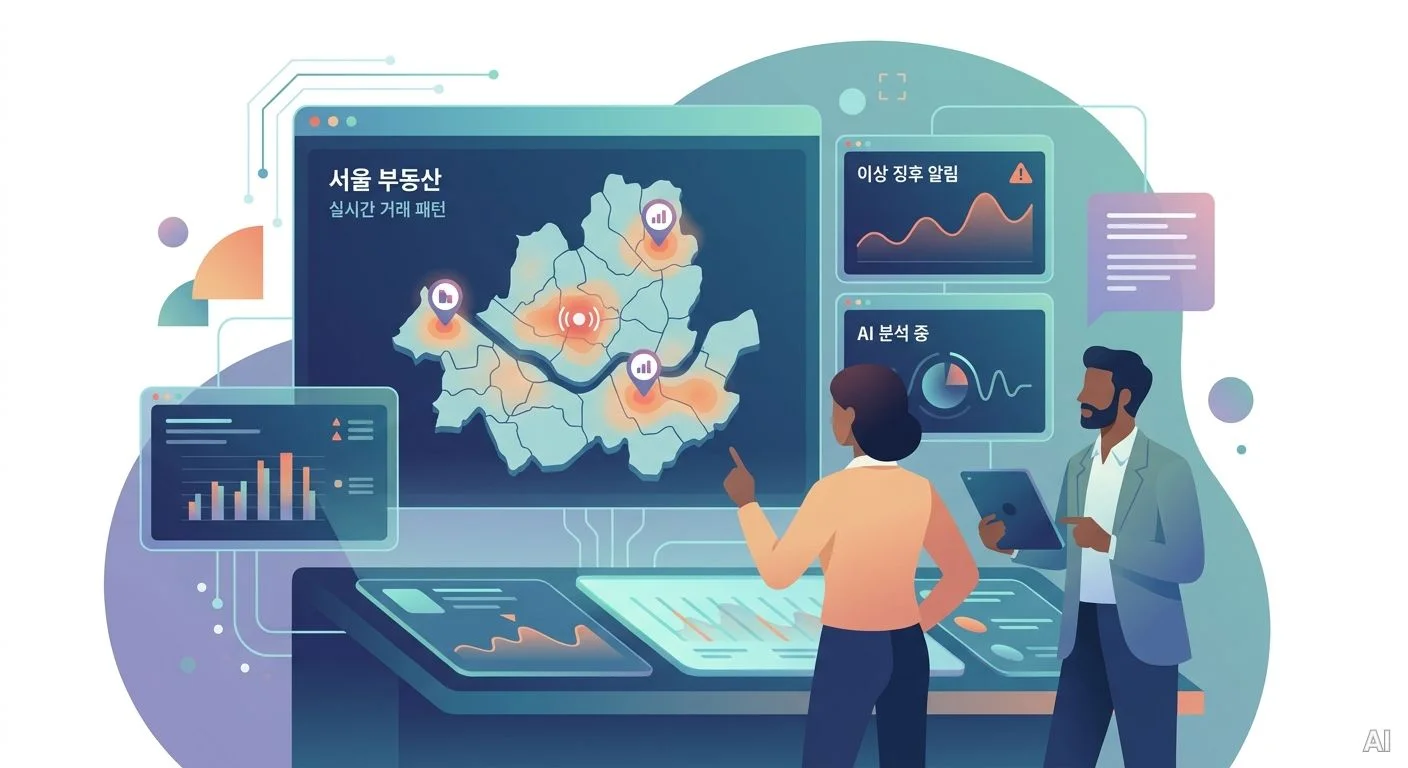 두 사람이 여러 개의 화면에 나타난 서울 지도와 그래프, 데이터 분석 결 사진 13