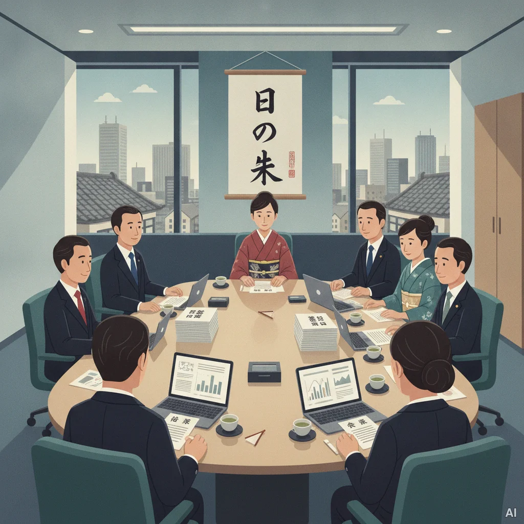 スーツや着物を着た複数の男女が大きな楕円形会議室のテーブル周辺に座っている様子の写真 3