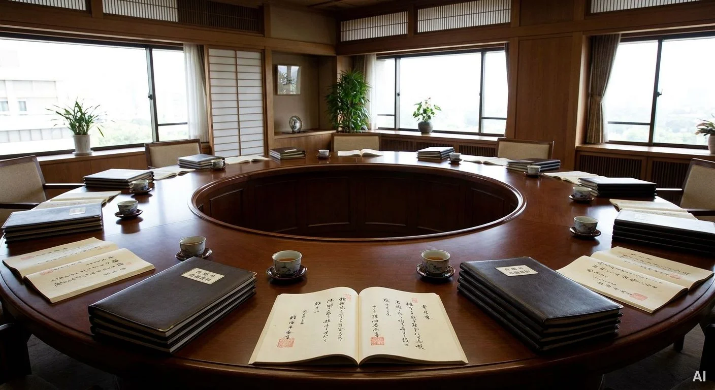 木製の大きな円卓と周囲に配置された椅子が置かれた和風デザインの会議室。テーブルの写真 6