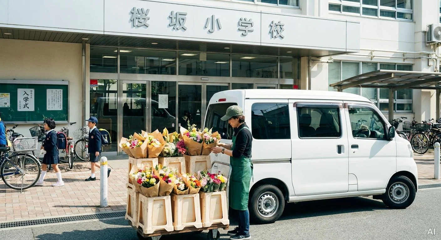 小学校の前で花を配達する様子の写真 3