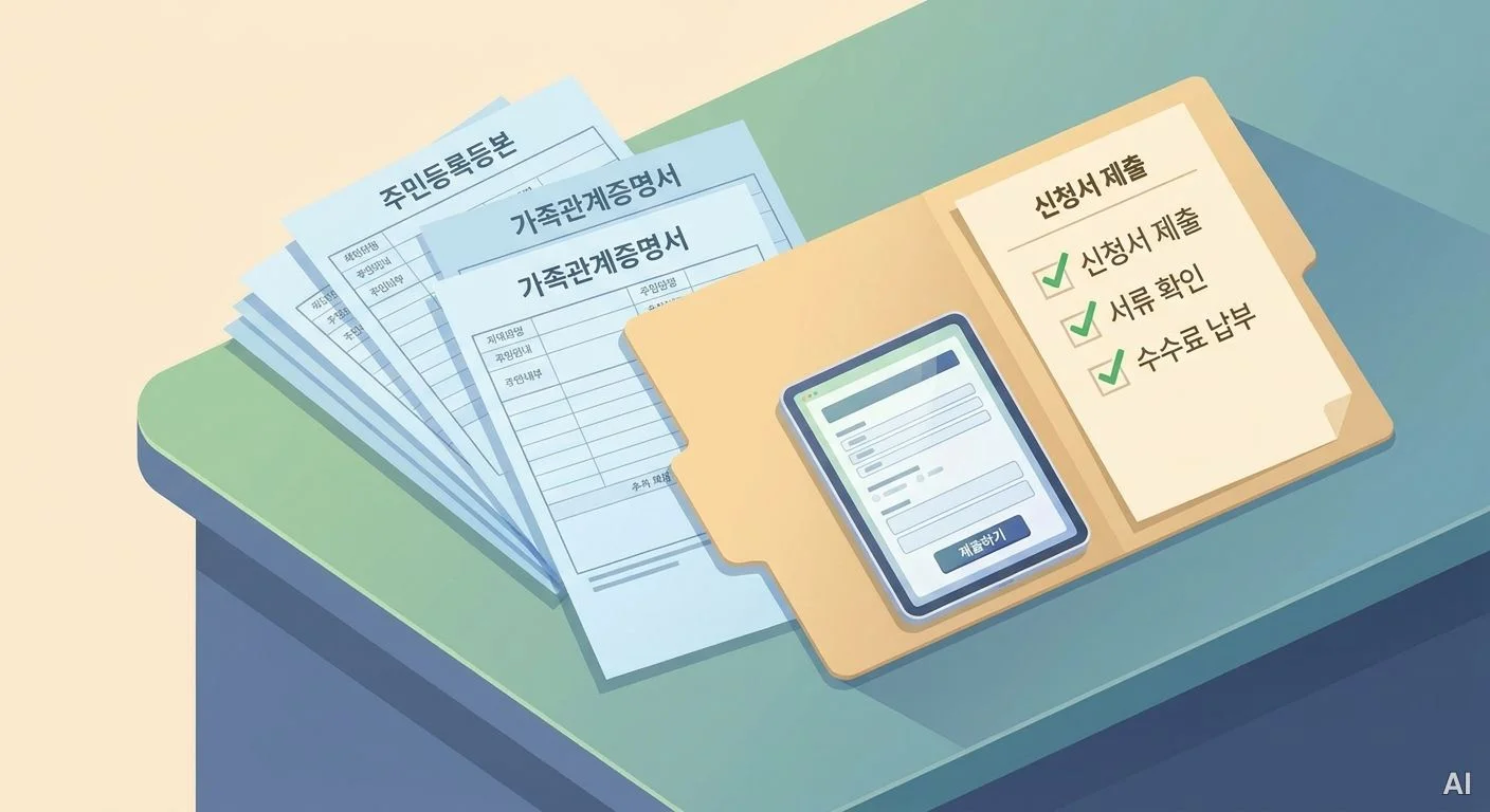 책상 위에 주민등록등본, 가족관계증명서 등 서류 뭉치와 신청서 제출 체크 사진 3