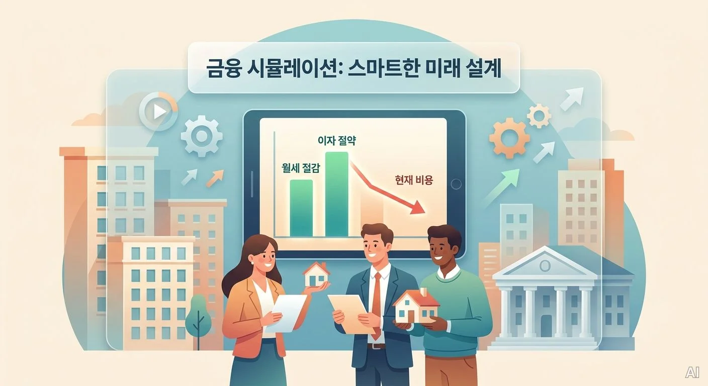 세 명의 사람이 서류와 작은 주택 모형을 들고 서 있으며, 뒤로 도시 건 사진 6