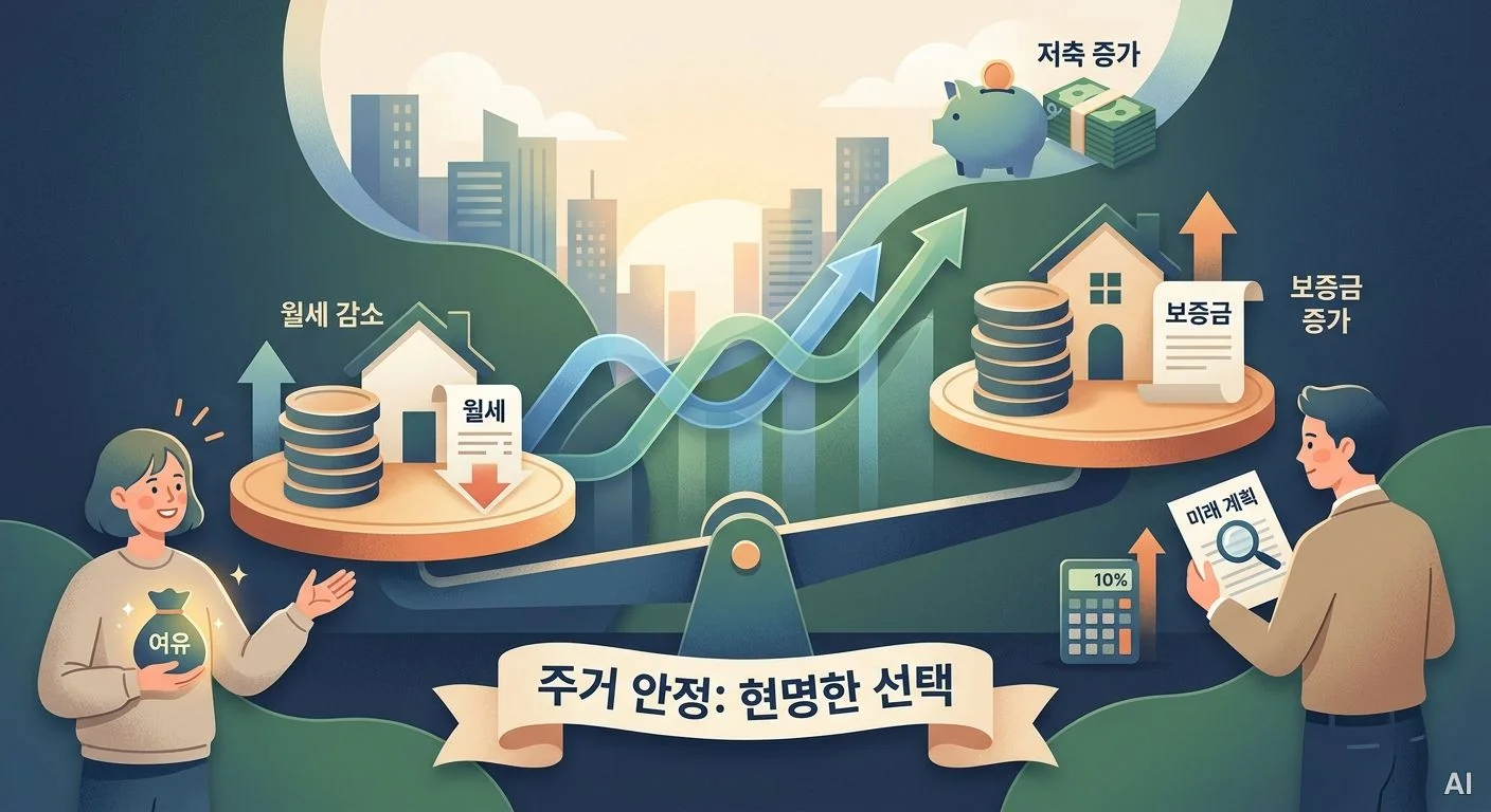 저울의 양쪽에 월세 감소와 보증금 증가를 상징하는 주택과 화폐 모형이 놓 사진 5