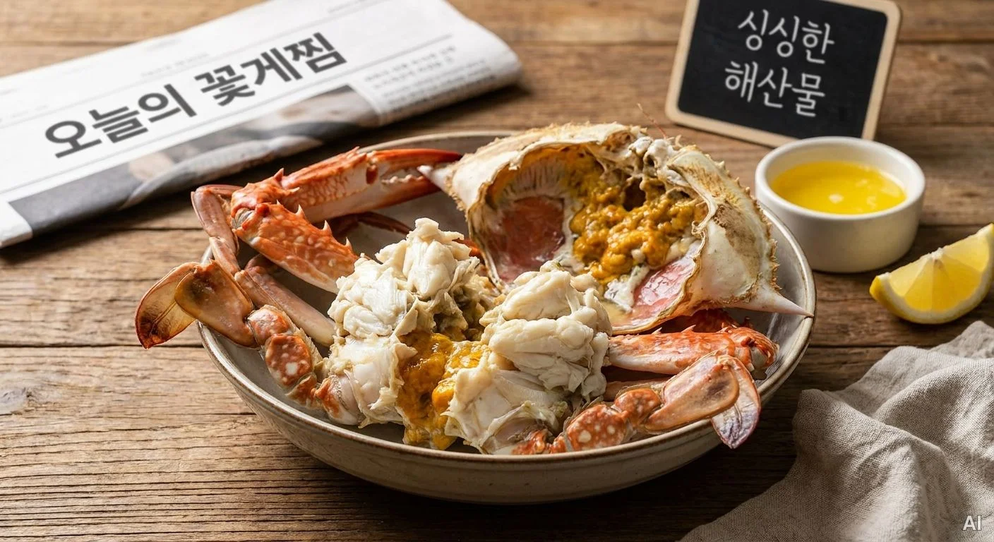 나무 식탁 위 손질된 꽃게 접시 사진 1