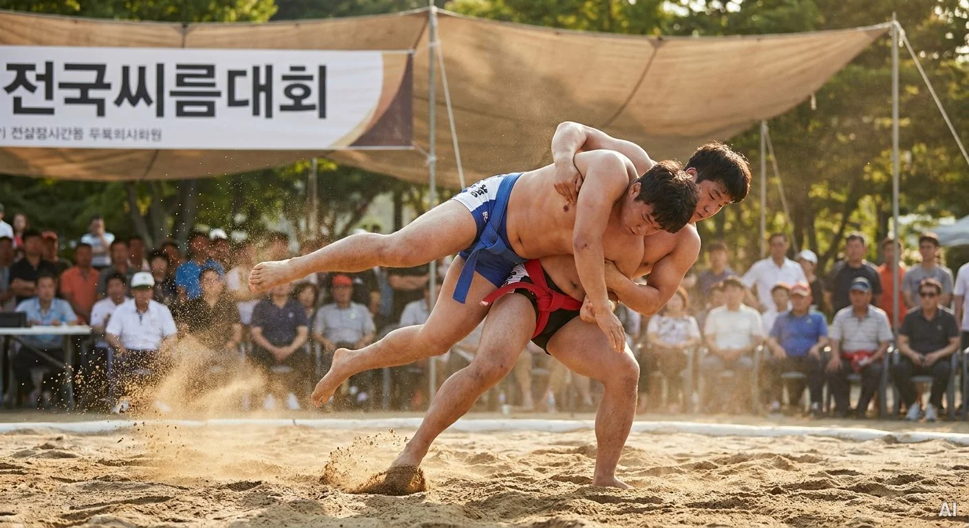 배지기 기술을 시도하는 씨름 선수 사진 15