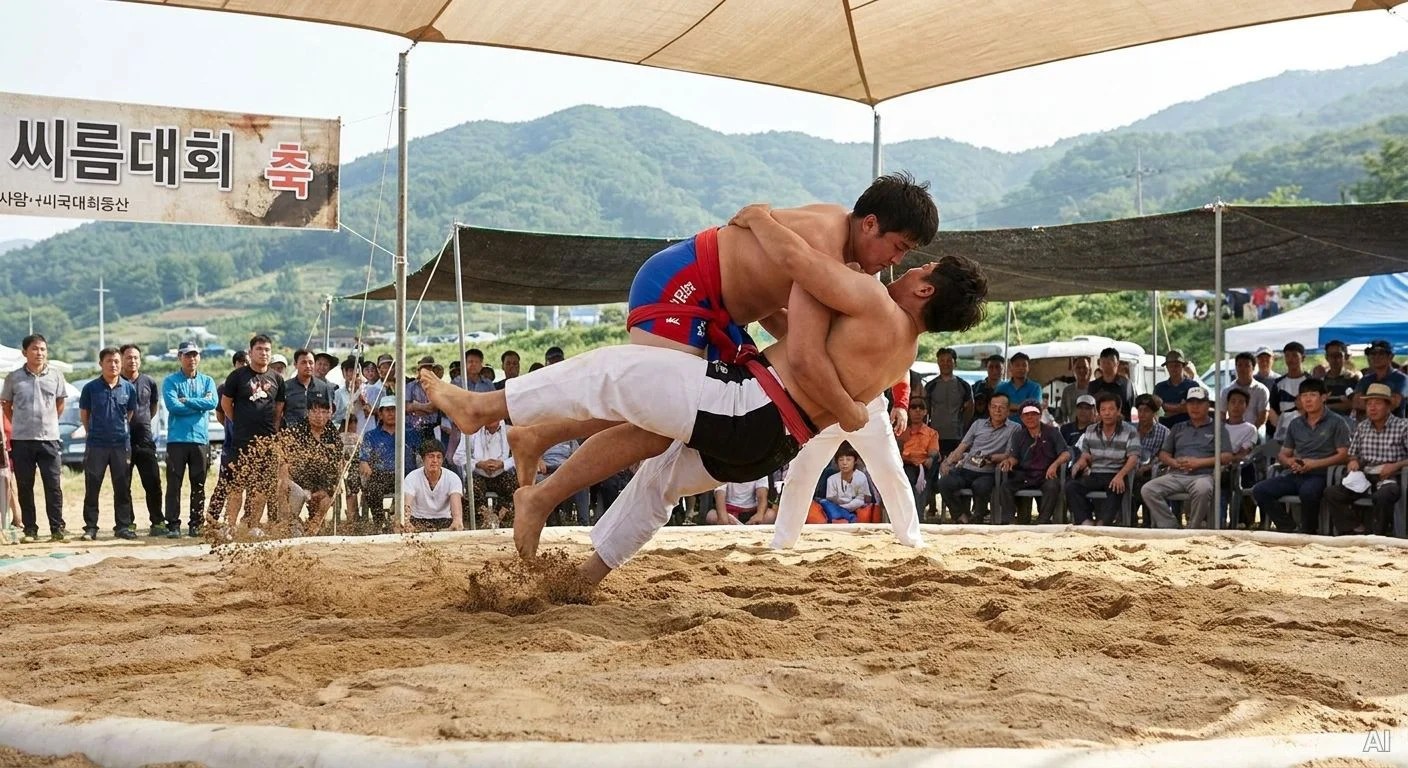배지기 기술을 시전하는 씨름 선수 사진 14