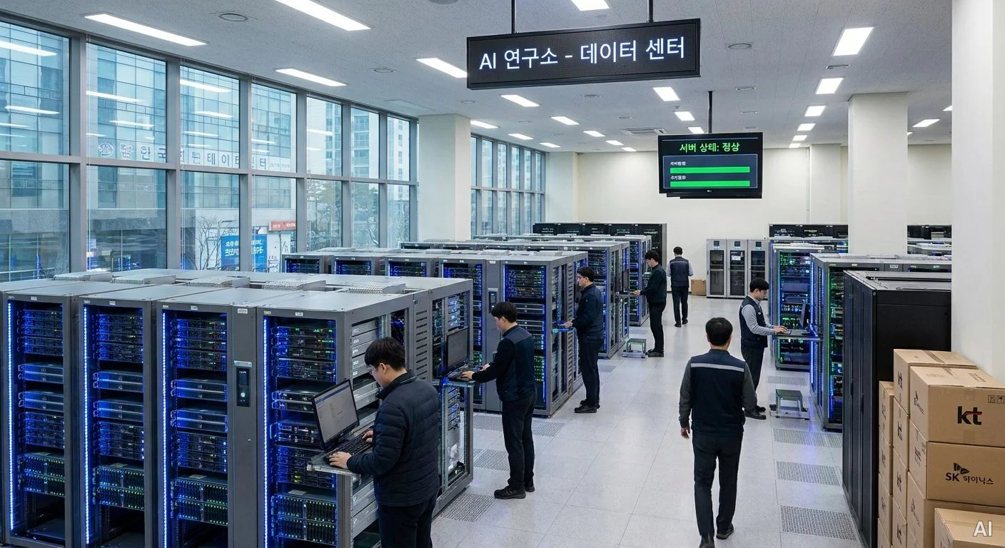 대형 데이터 센터 내부 서버실에서 작업복 차림의 작업자들이 서버 장비를  사진 3