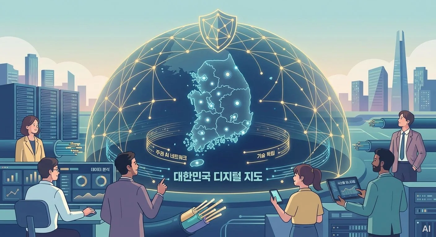 여러 명의 사람들이 대한민국 지도가 표시된 대형 홀로그램 돔 화면과 데이 사진 1