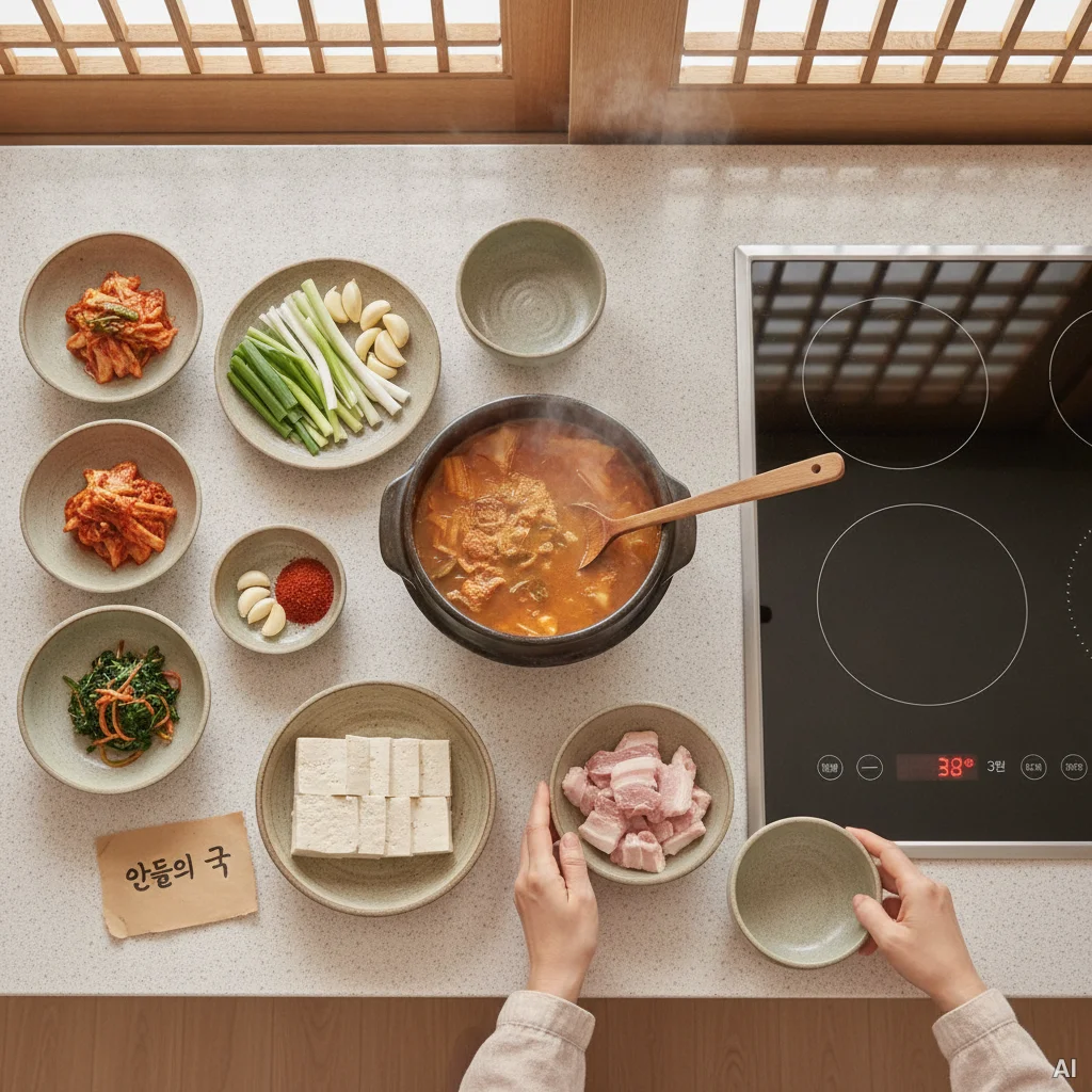 인덕션 옆 조리대에 김치, 파, 두부, 돼지고기 등 다양한 요리 재료들이 사진 6