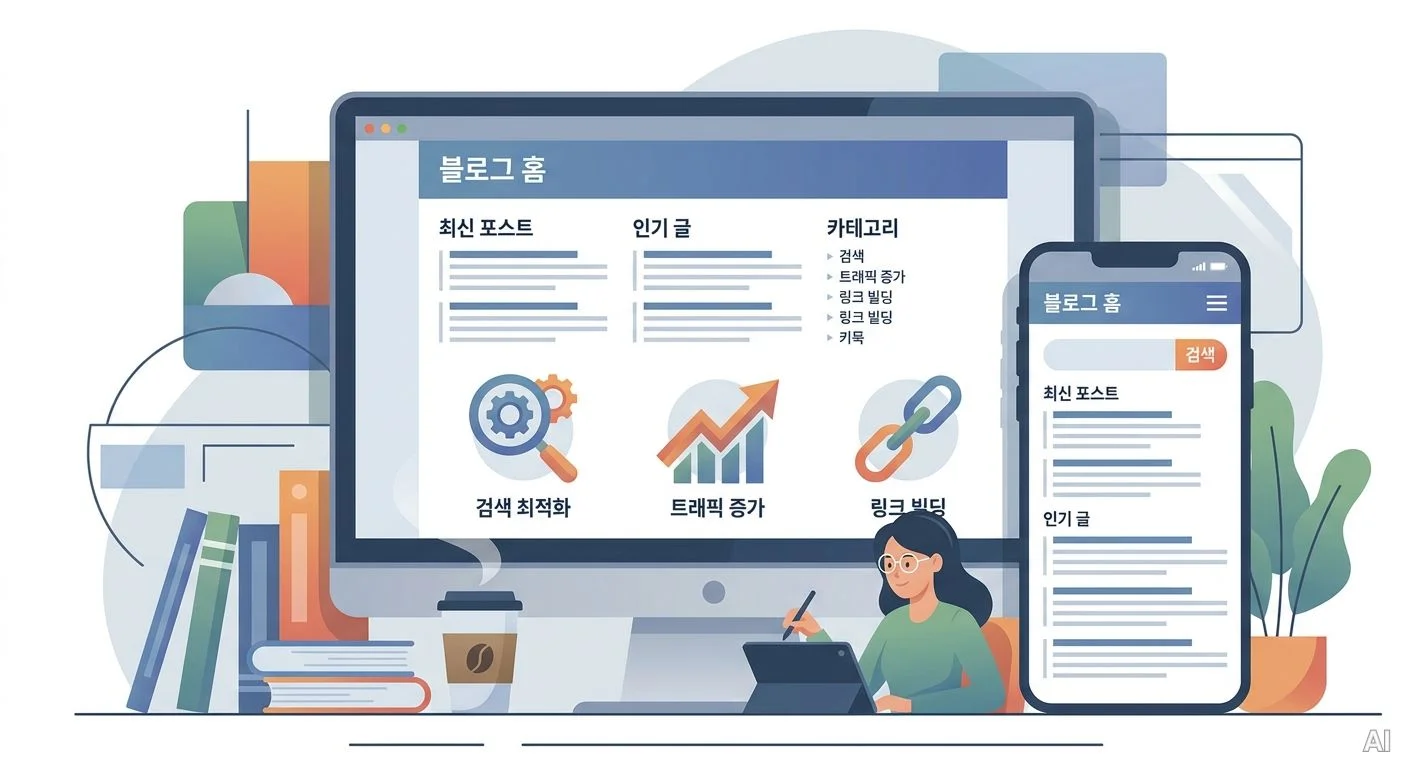 모니터 화면과 스마트폰 화면에 블로그 홈 레이아웃이 표시되어 있으며, 하 사진 10