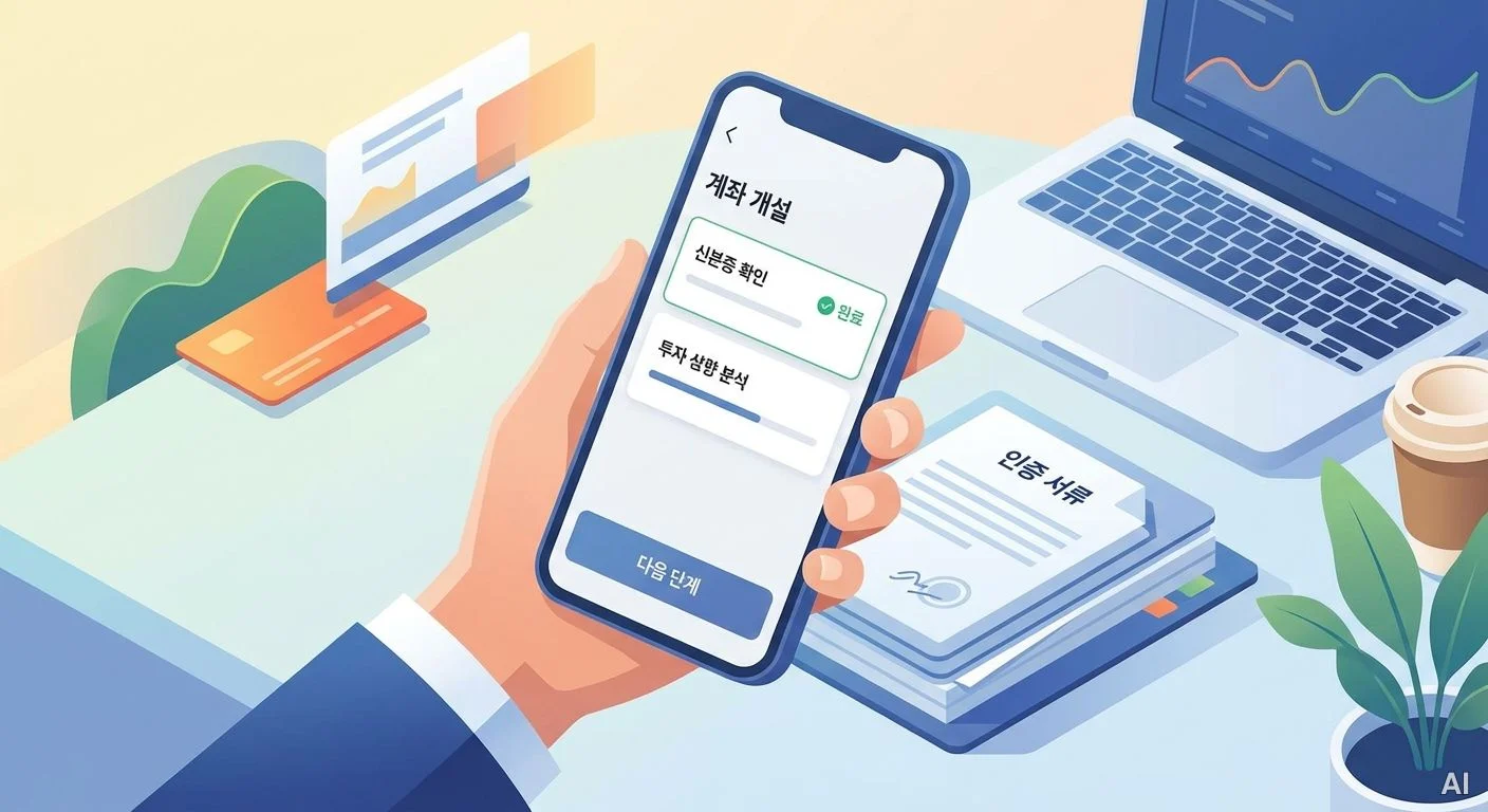 책상 위에 놓인 스마트폰 화면에 '계좌 개설', '신분증 확인', '투자 사진 3