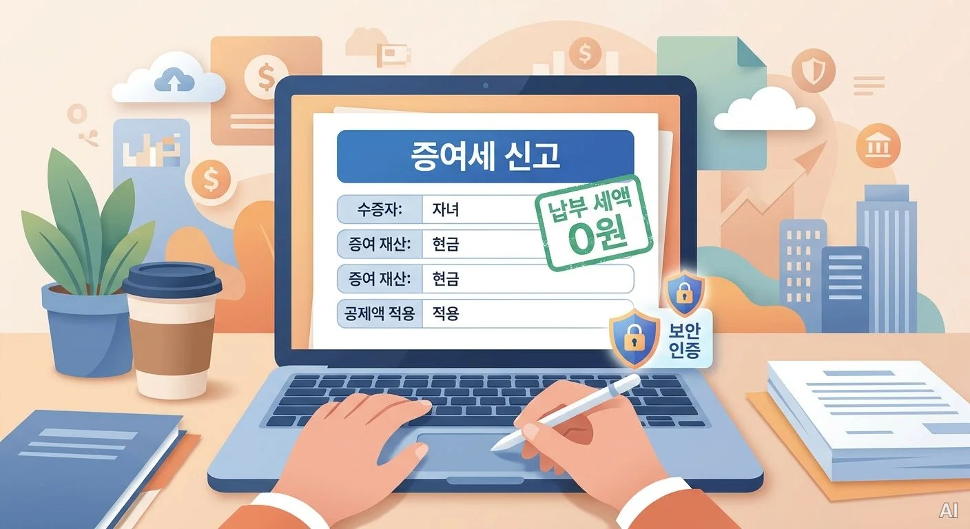 노트북 화면에 '증여세 신고' 문서와 '납부 세액 0원' 스탬프가 표시되 사진 5