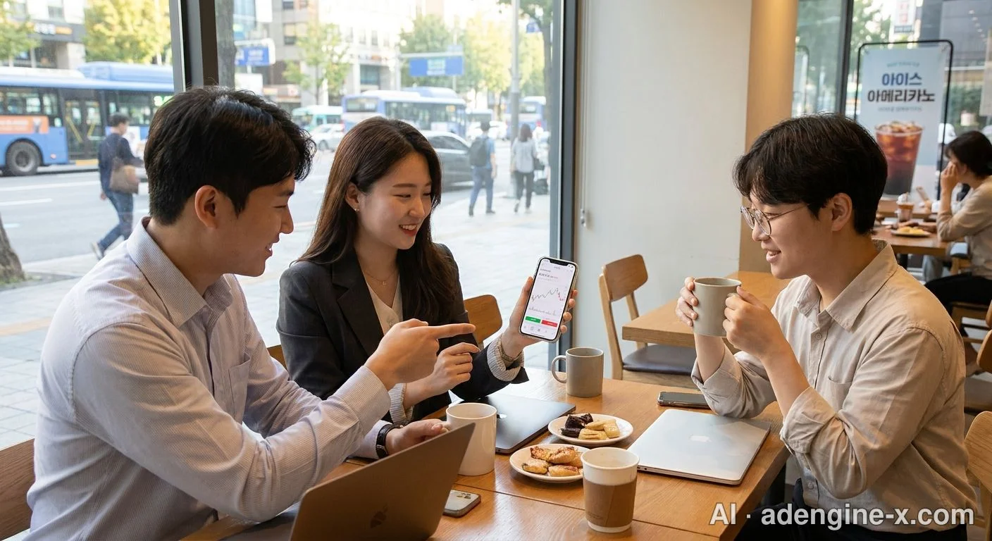 스마트폰으로 뉴욕 증시를 확인하는 직장인들 사진 1